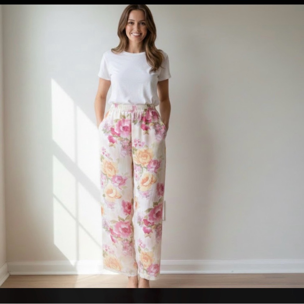 Vintage Sheer Floral Wide-Leg Pants PJ/Lounge pants w/Lace Trim at hem Women’s S